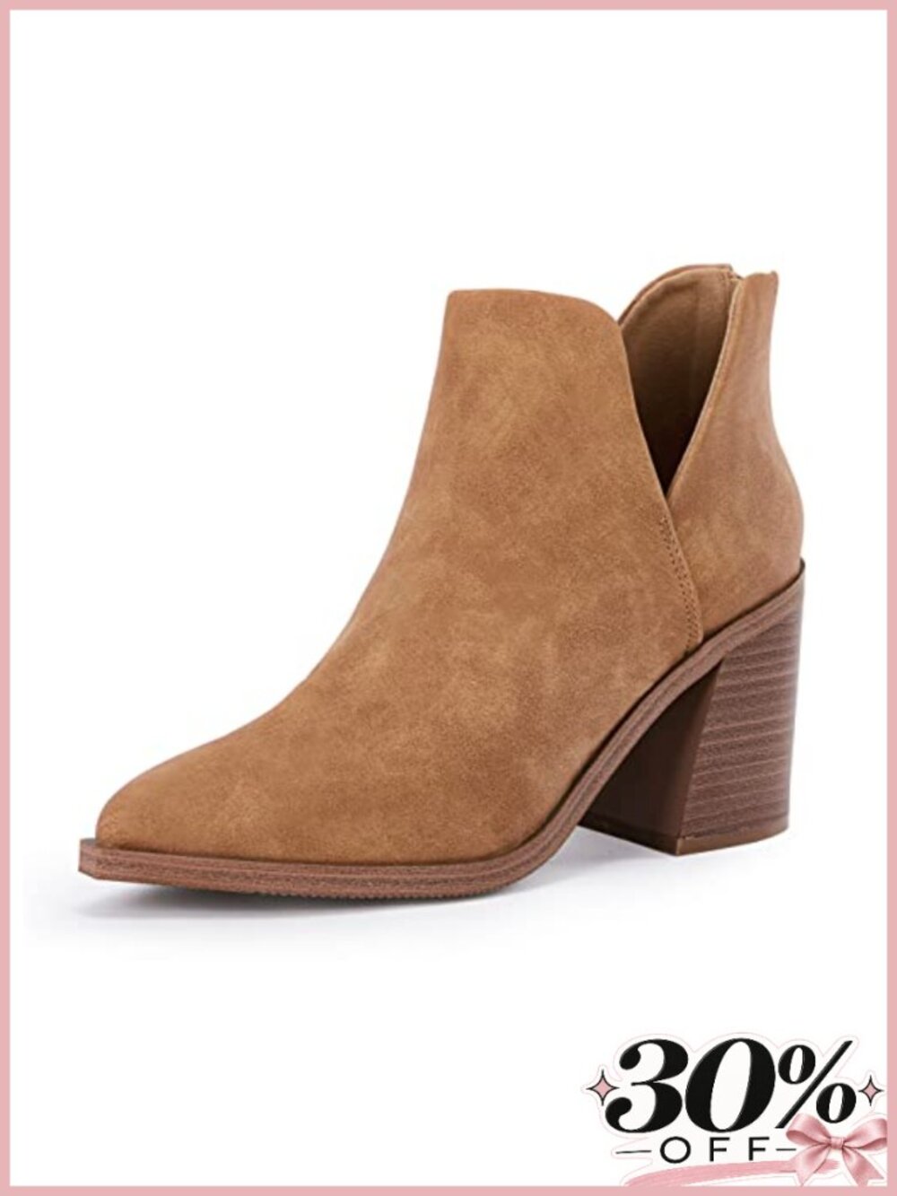 Pointed Toe Stacked Mid Heel Ankle Boots V Cut Back Zipper Faux Leather Booties